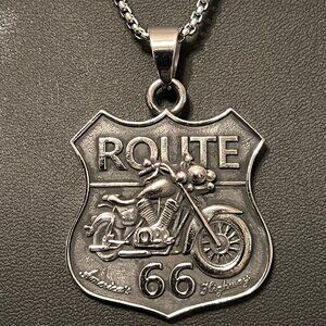Stainless Steel ROUTE 66 America's Highway Motorcycle Pendant and Chain (190)